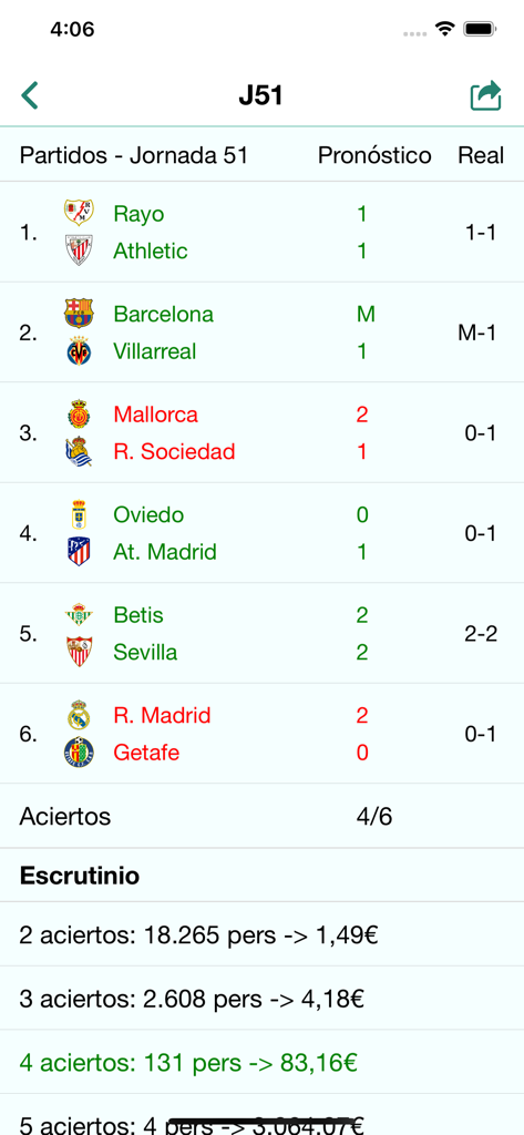 iQuinigol - A mobile screen showing soccer match predictions actual results and prize payouts for the Spanish Quinigol lottery