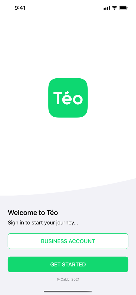 Téo Taxi: Book A Local Ride - Pantalla de bienvenida de la aplicación móvil Teo Taxi con los botones 'Empezar' y 'Cuenta de empresa'.