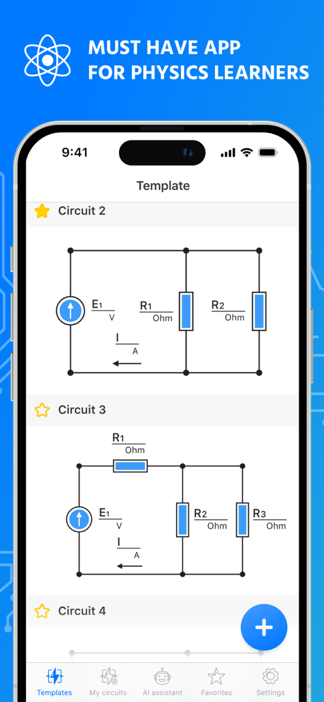 Circuit Builder Calc: Solver - iPhone screenshot of the Circuit Builder Calc app showing various electrical circuit templates with resistors and voltage sources for physics students.