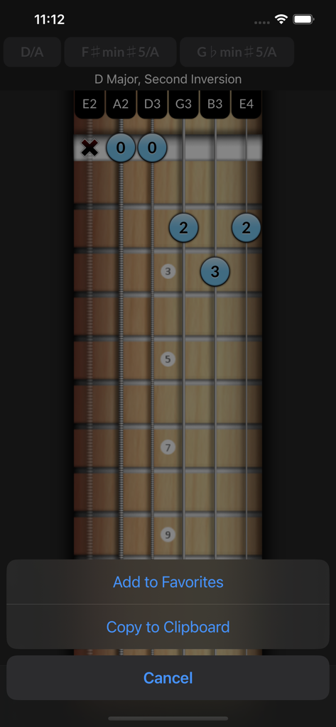 Reverse Chord Finder Pro - A guitar fretboard interface in the Reverse Chord Finder Pro app identifying a D Major chord.