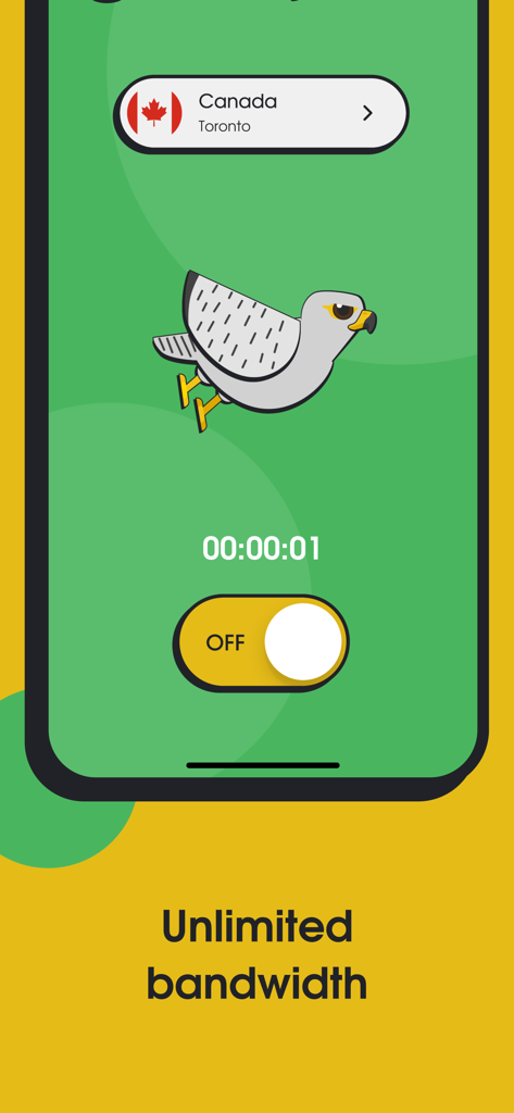 Gyrfalcon VPN Lite mobile interface showing Canada server and unlimited bandwidth text
