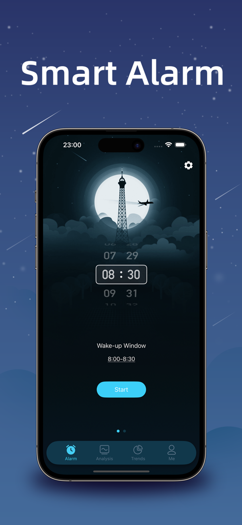 iSleeper: Sleep Tracker - Tela do iPhone exibindo a configuração do despertador inteligente iSleeper com um fundo de noite estrelada e janela de despertar