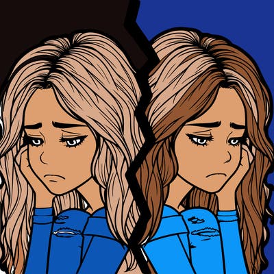 depressed realistic girl split in two