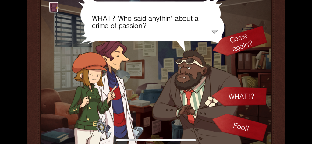 Character dialogue scene with interrogation choices in Layton Brothers Mystery Room