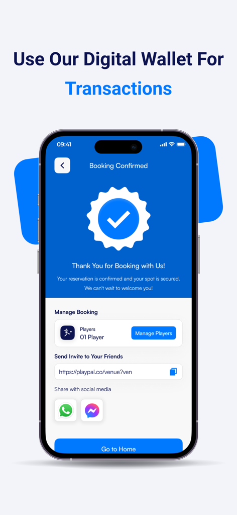 PlayPal Sports - PlayPal Sports booking confirmation screen showing a successful digital wallet transaction and options to invite friends