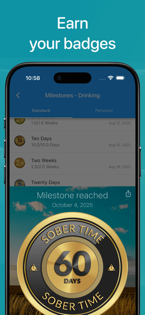 A gold 60 days sobriety milestone badge displayed in the Sober Time app with other progress trackers