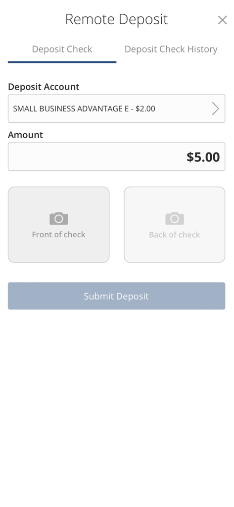 National Bank of Middlebury - National Bank of Middlebury app interface for remote check deposit showing account selection and image upload options