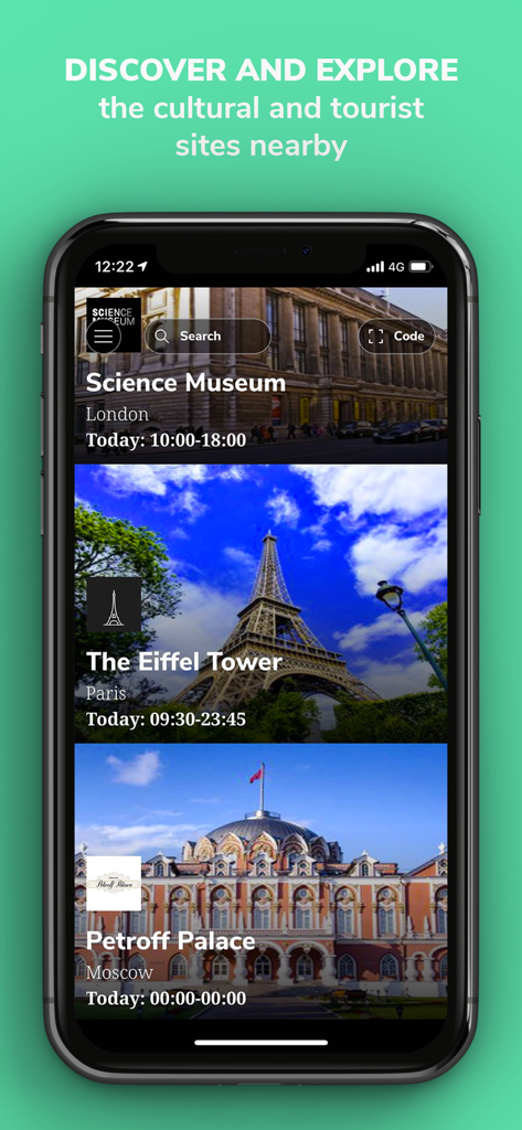 CloudGuide - CloudGuide app interface showing a list of cultural landmarks like the Eiffel Tower and Science Museum.