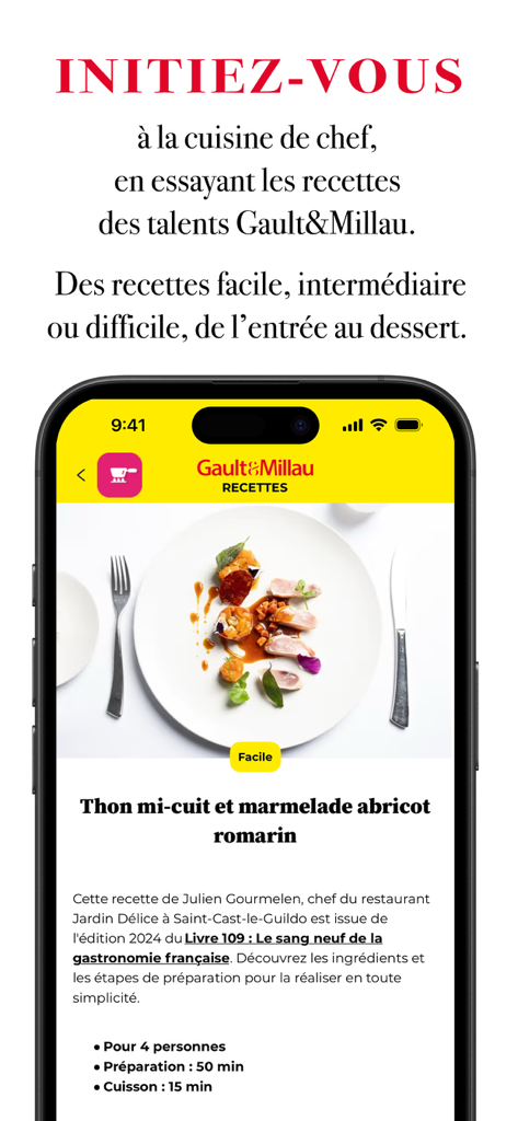 Gault&Millau France - Gault and Millau France app screenshot showing a chef recipe for seared tuna with cooking instructions.