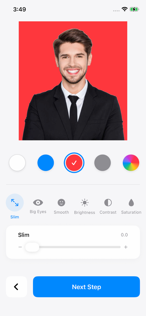Oberfläche der Passport Photo King App, die die Auswahl der Hintergrundfarbe und Porträtretusche-Werkzeuge wie 'schlank' und 'große Augen' für ein ID-Foto zeigt.
