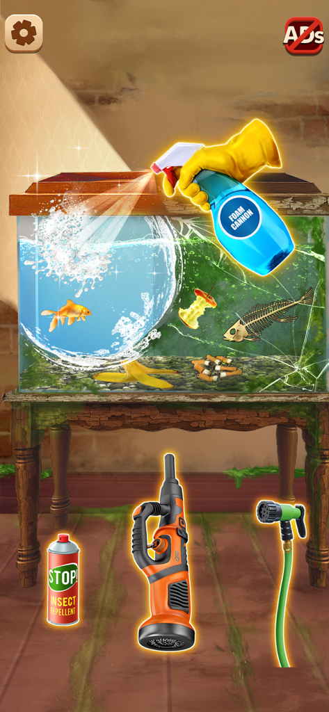 Cleaning a dirty fish tank with a foam cannon spray in the House Makeover ASMR Cleaning game