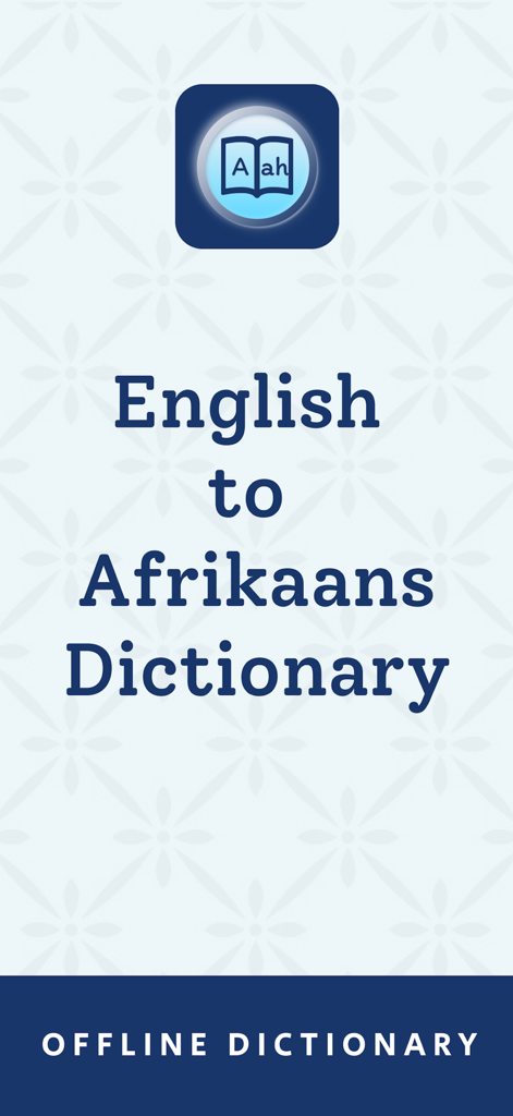 Afrikaans Dictionary - Offline - Tela de splash do aplicativo Dicionário Offline Inglês para Suaíli apresentando o logotipo e o título do aplicativo em um fundo estampado azul claro