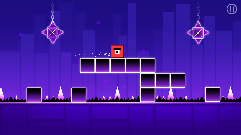 Geometry Run - Make The Block Dash - Personaggio quadrato rosso che salta sopra ostacoli in un livello platform neon viola di Geometry Run.
