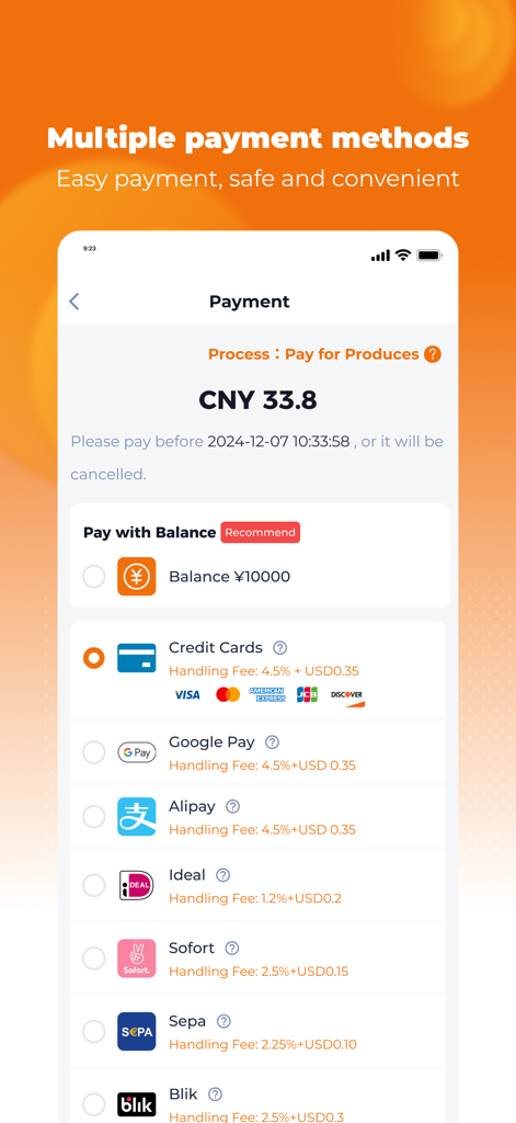 Hoobuy App-Zahlungsbildschirm mit verschiedenen sicheren internationalen Zahlungsoptionen, einschließlich Kreditkarten und Google Pay