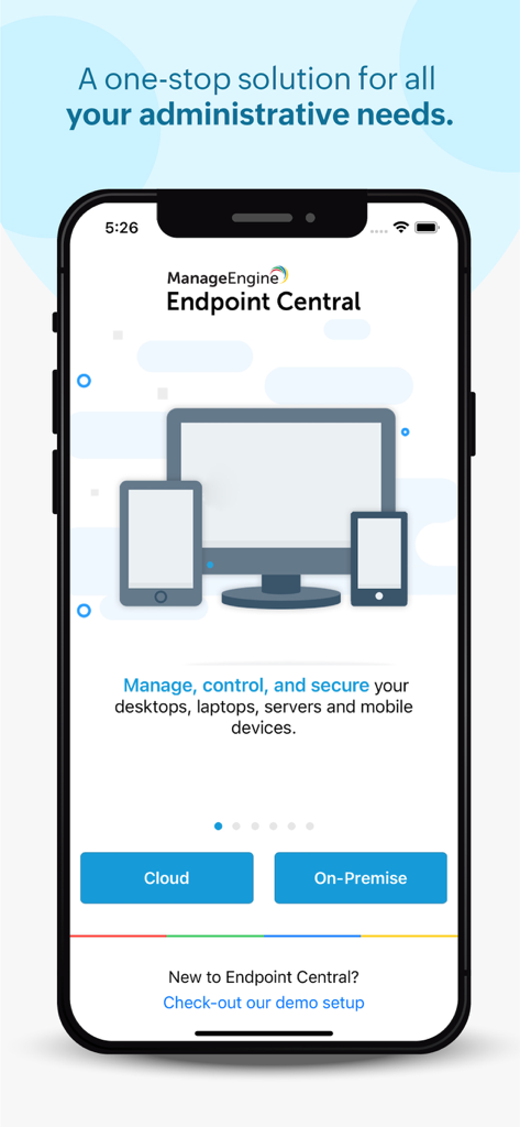 Endpoint Central - Welcome screen for ManageEngine Endpoint Central app providing IT management solutions for desktops and mobile devices