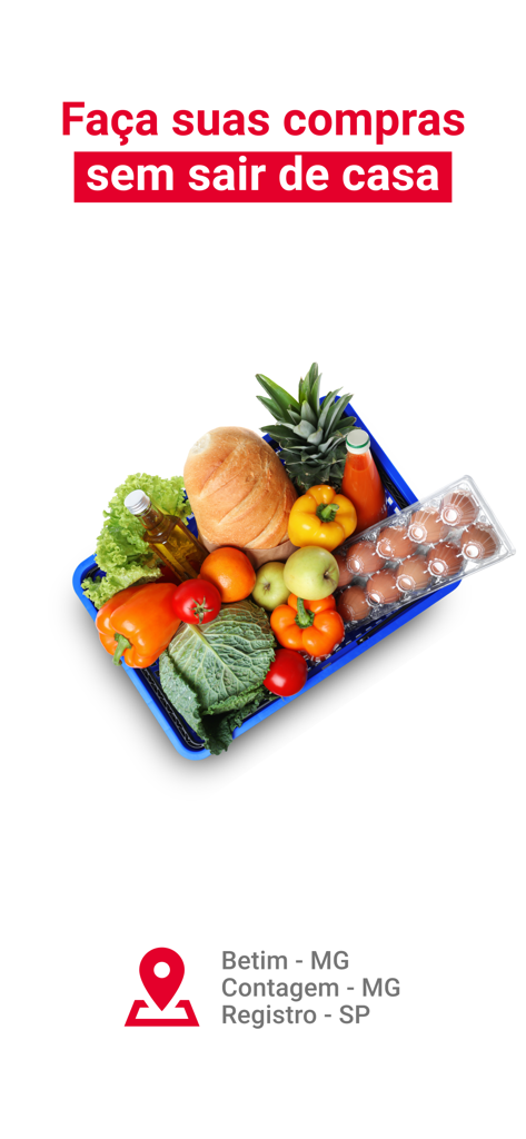 No Mercado - A blue shopping basket filled with fresh groceries including bread, vegetables, and fruit with Portuguese text promoting home delivery.
