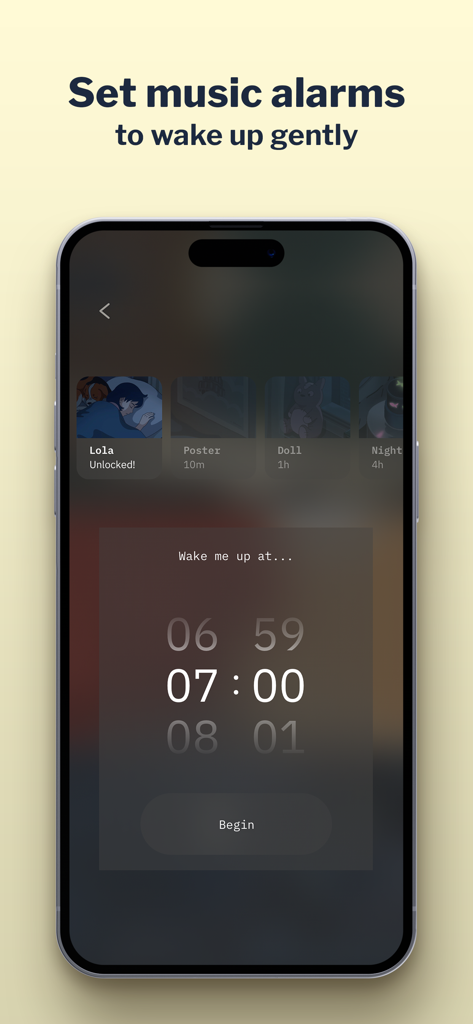 A phone screen showing the Lola app interface to set a lofi music alarm for waking up gently.