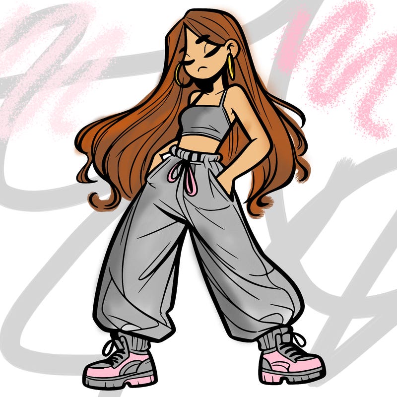 girl in baggy pants crop top and long hair