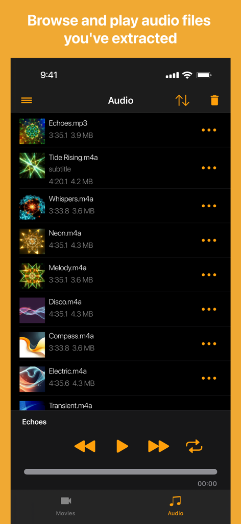 Export Audio app library screen showing a list of extracted audio files and playback controls