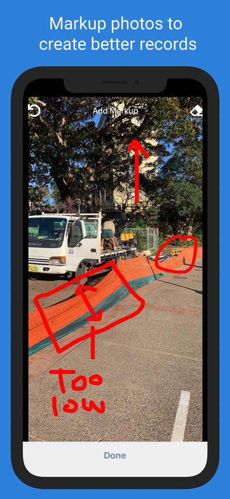 Dashpivot - Dashpivot mobile app screen showing red annotations and notes on a construction site photo for better record keeping