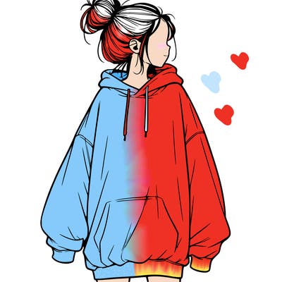 realistic girl with a oversized sweatshirt on and a bun