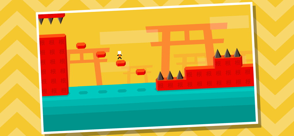 Mr Jump S - Minimalist gameplay of Mr Jump S featuring a character jumping over red platforms and spikes.