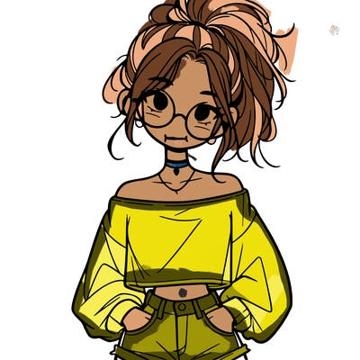 girl with a messy ponytail glasses a baggy crop top and jean shorts