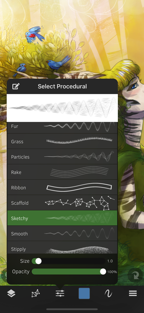 Sketch Club App-Oberfläche, die das Menü zur Auswahl prozeduraler Pinsel über einer farbenfrohen digitalen Illustration zeigt.