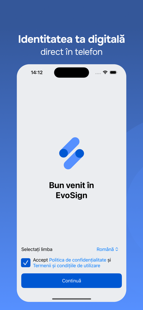 EVOSign (autentificare) - Willkommensbildschirm der EVOSign-App für moldauische digitale Identitätsdienste