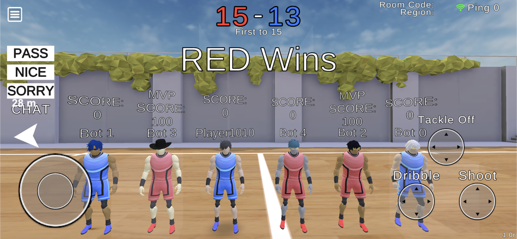 Unmatched Basketball - Unmatched Basketball match results screen showing the winning red team and final score of 15 to 13