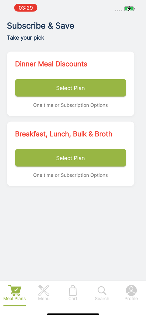 Helpful Foodie - Helpful Foodie app interface for selecting meal subscription plans including dinner and breakfast options