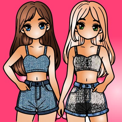 two sisters with crop tops and jean shorts and straight hair