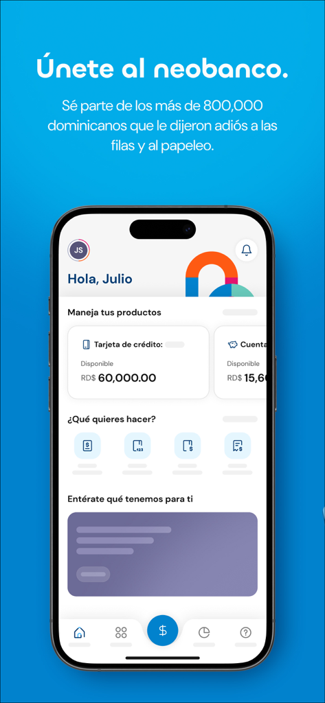 The home screen dashboard of the Qik Banco Digital mobile app on an iPhone showing account balances and financial products.