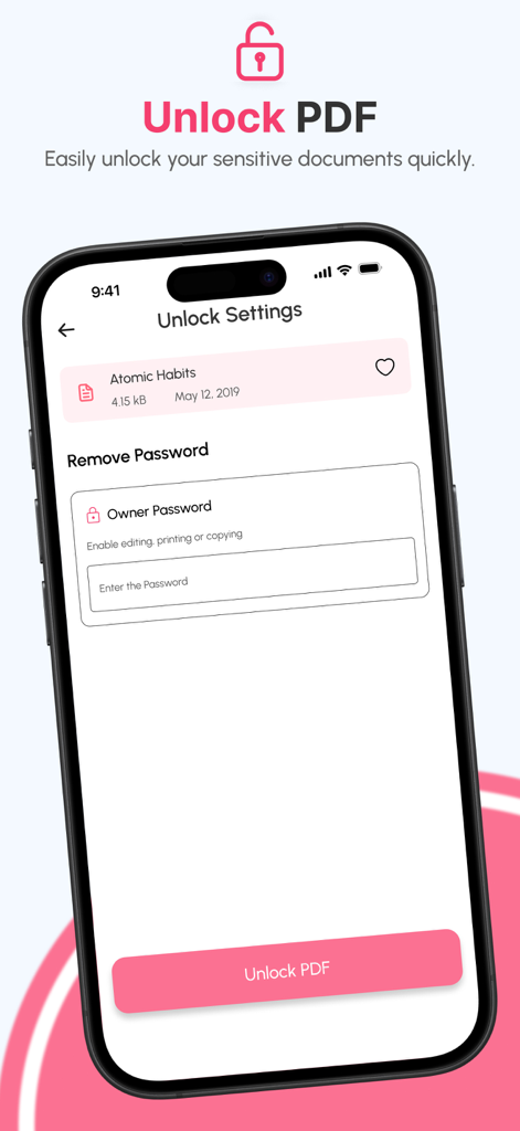 PDFリーダーアプリのスマートフォン画面。機密PDFドキュメントのパスワードを解除および削除する機能が表示されています。