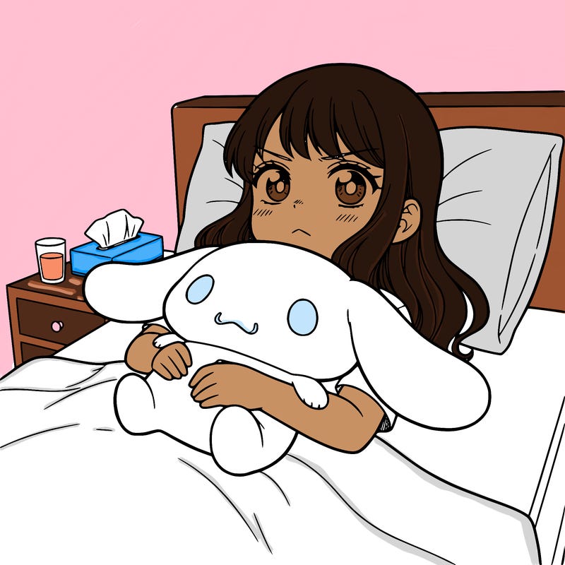 a sick girl with a cinnamoroll stuffed animal