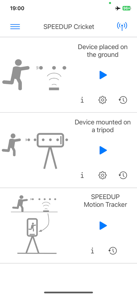 SPEEDUP Cricket - SPEEDUP Cricket app menu displaying tracking modes for ground placement tripod mounting and motion tracker setup