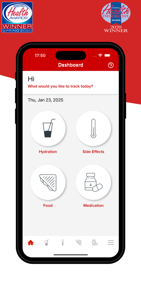 Dashboard dell'app Blood Cancer United Health che mostra le opzioni di monitoraggio per idratazione, effetti collaterali, cibo e farmaci.