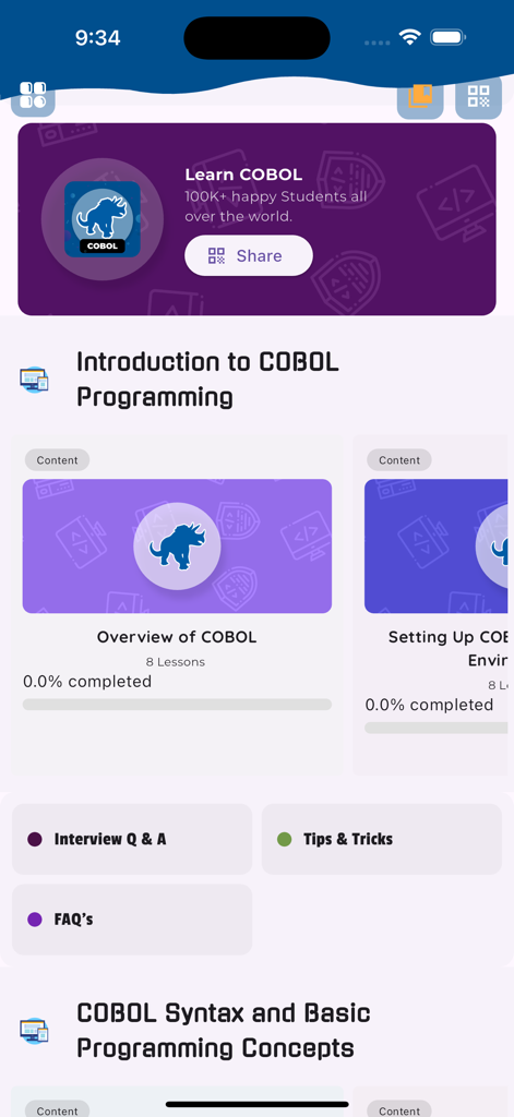 Learn COBOL Programming - Dashboard principale dell'app Impara la programmazione COBOL con lezioni introduttive e sezioni di preparazione ai colloqui