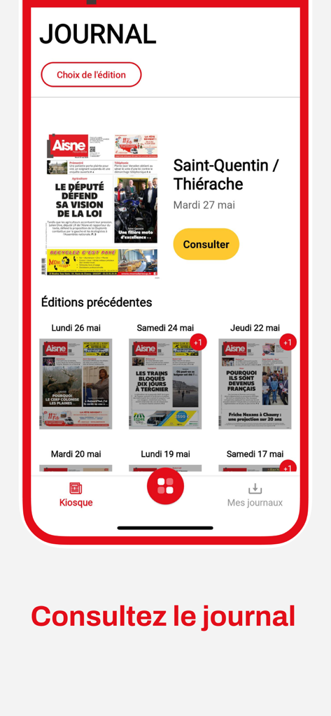 Interfaccia dell'app mobile L'Aisne Nouvelle che mostra la sezione del giornale digitale con le edizioni regionali