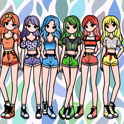 a group of girls wearing crop tops and shorts