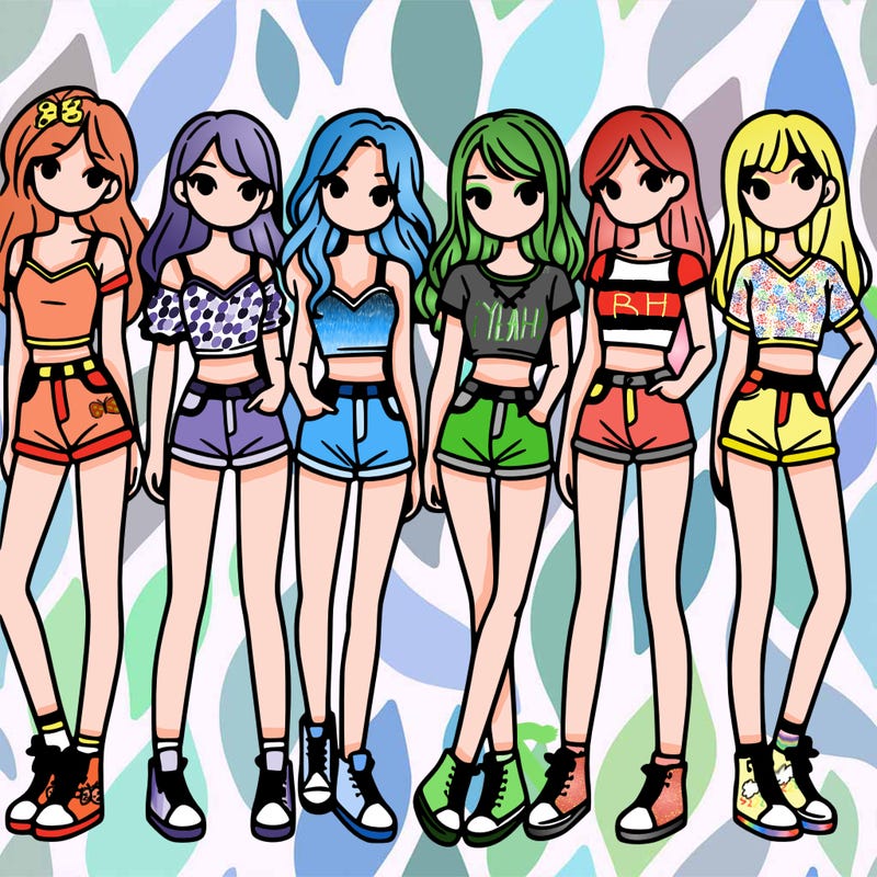 a group of girls wearing crop tops and shorts