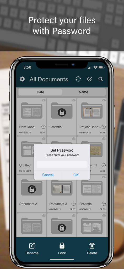 Une interface mobile de l'application PRO SCANNER affichant une invite de définition de mot de passe pour la protection des documents