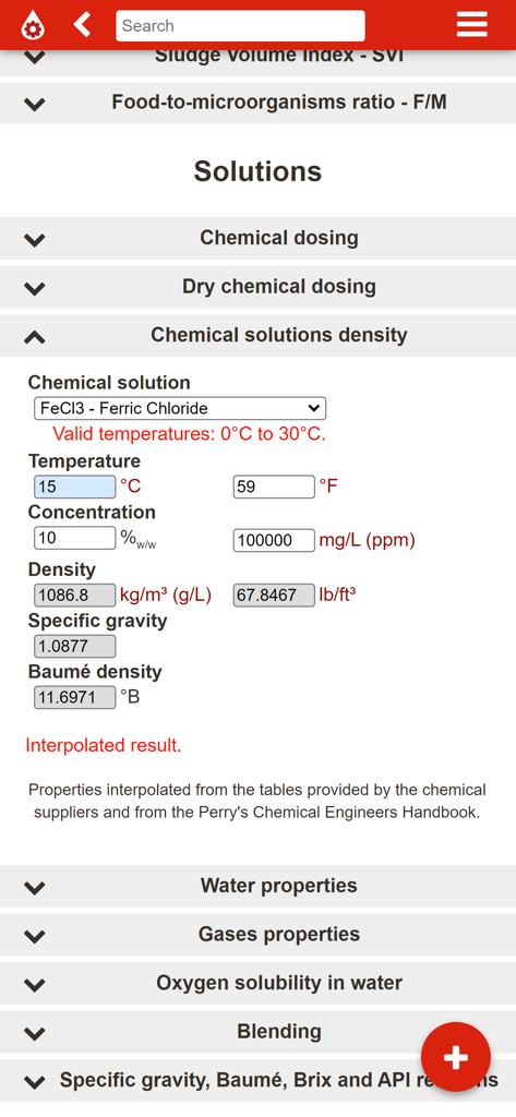 Interface du calculateur de densité de solution chimique dans l'application Plutocalc montrant les paramètres pour le chlorure ferrique
