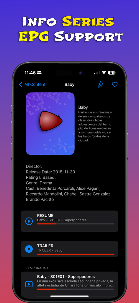 Écran d'informations de la série Xtream IPTV Click montrant les métadonnées du genre drame, la liste des acteurs et la sélection des épisodes.