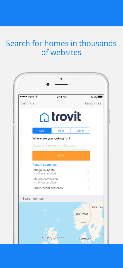 Schermata dell'app mobile Trovit Homes con opzioni per l'acquisto e l'affitto di proprietà.