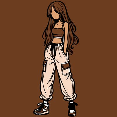 girl in baggy pants crop top and long hair