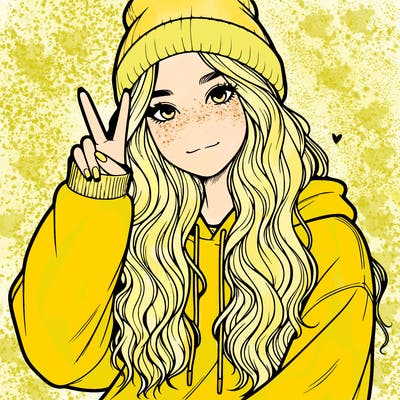 a teenage girl in a beanie, oversized sweatshirt, wavy long hair, and is showing a ✌️