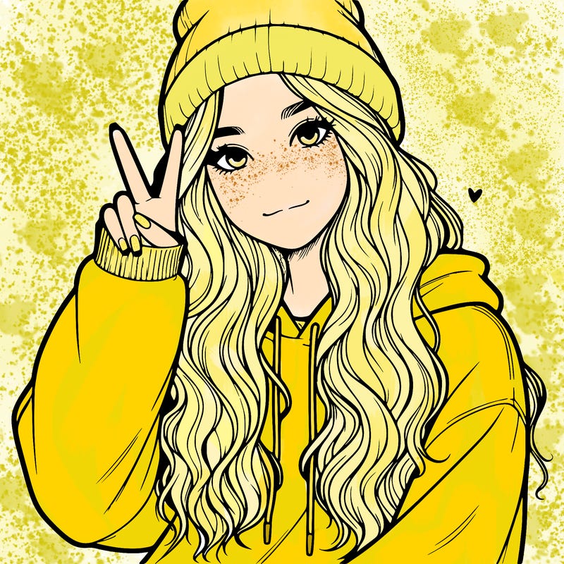 a teenage girl in a beanie, oversized sweatshirt, wavy long hair, and is showing a ✌️