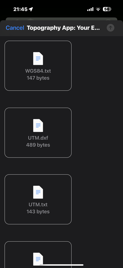 Topography Lite - List of exportable survey data files in DXF and TXT formats within the Topography Lite app