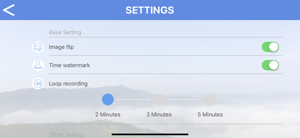 Sports-Camera - 이미지 뒤집기 및 루프 녹화 시간 옵션을 보여주는 스포츠 카메라 앱의 설정 메뉴